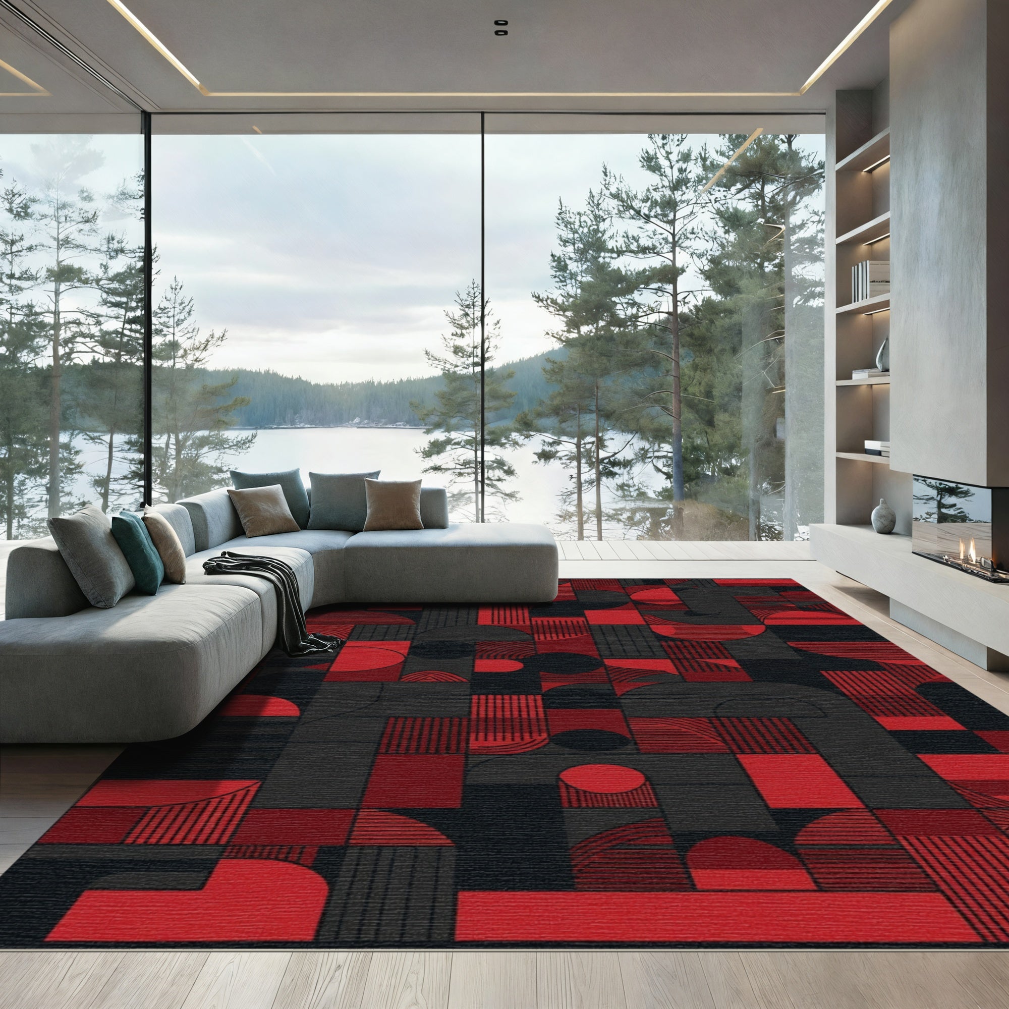 Bold Red Geometric Blocks Rug