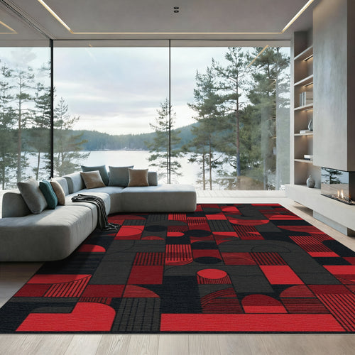 Bold Red Geometric Blocks Rug