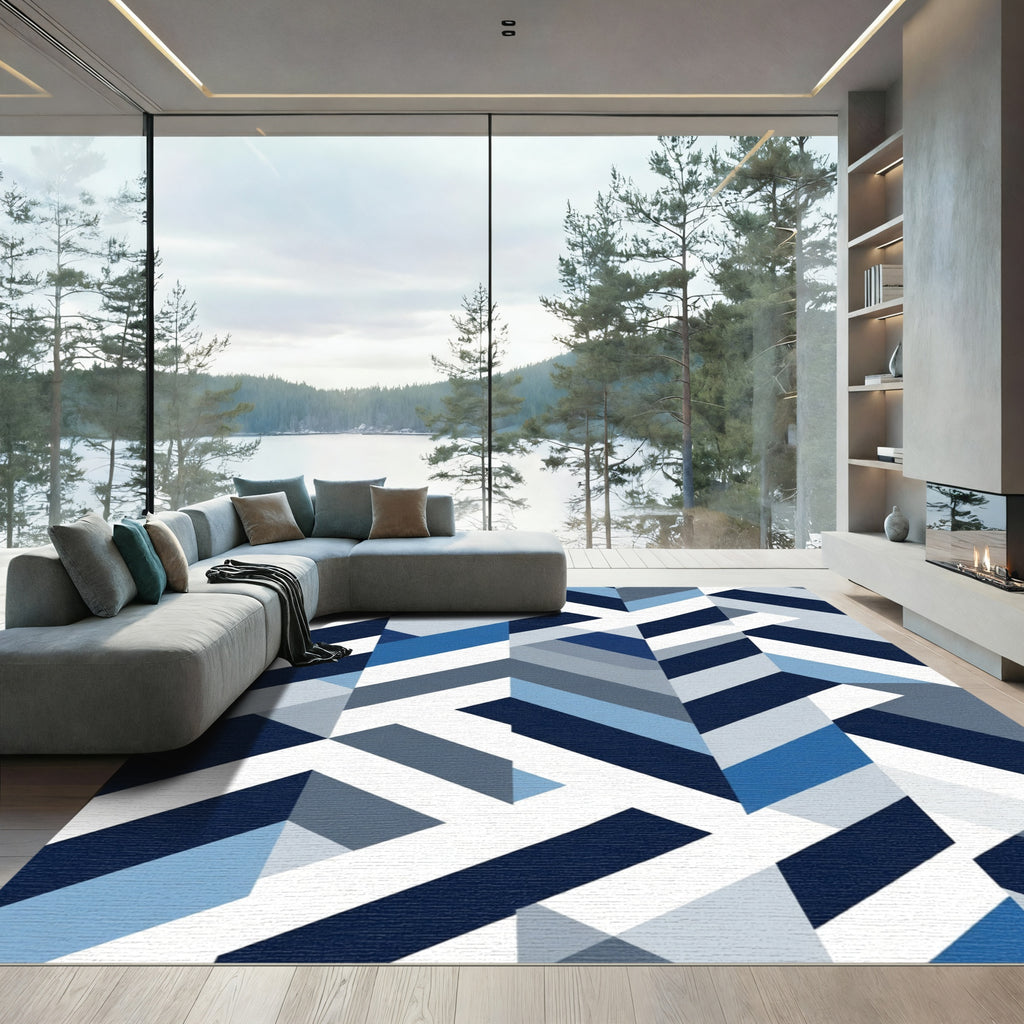 Geometric Blue White Interlocking Shapes Rug