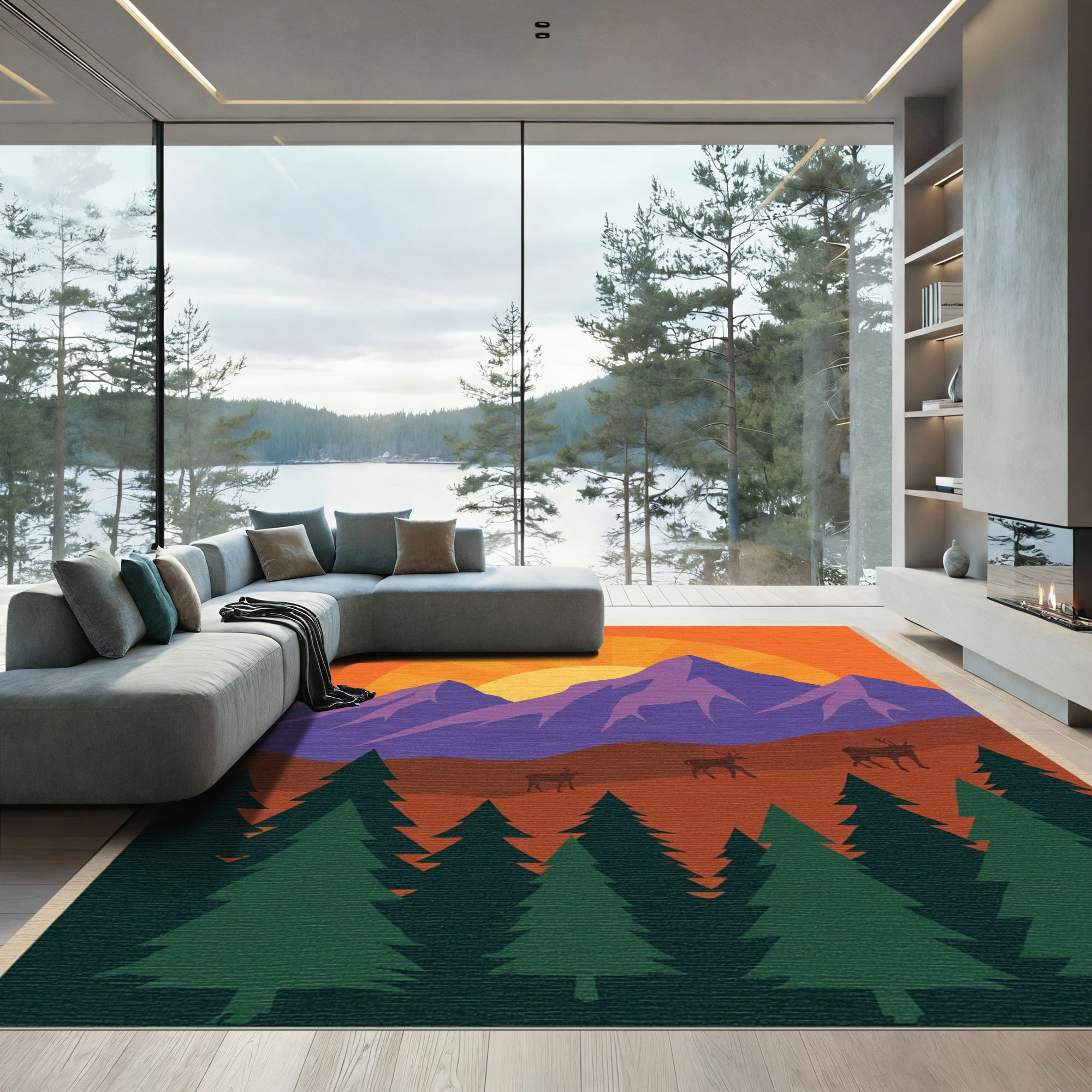Vibrant Sunset Mountain Deer Forest Scene Rug