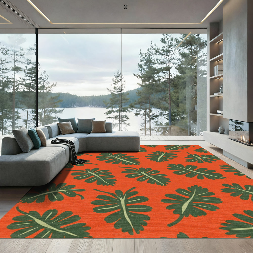 Vivid Orange Leafy Fern Repeats Rug