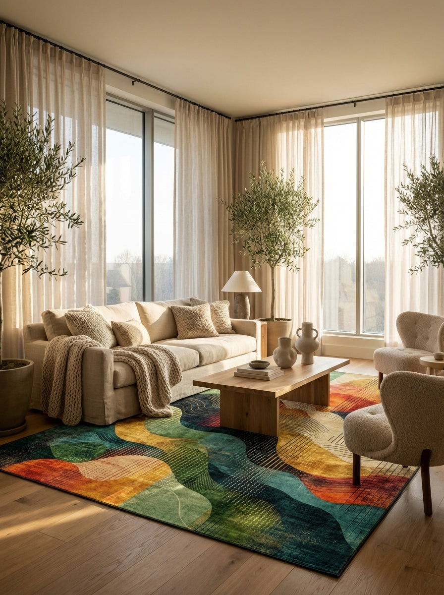 Vibrant Retro Wave-Print Rug - Washable Flatwoven Chenille