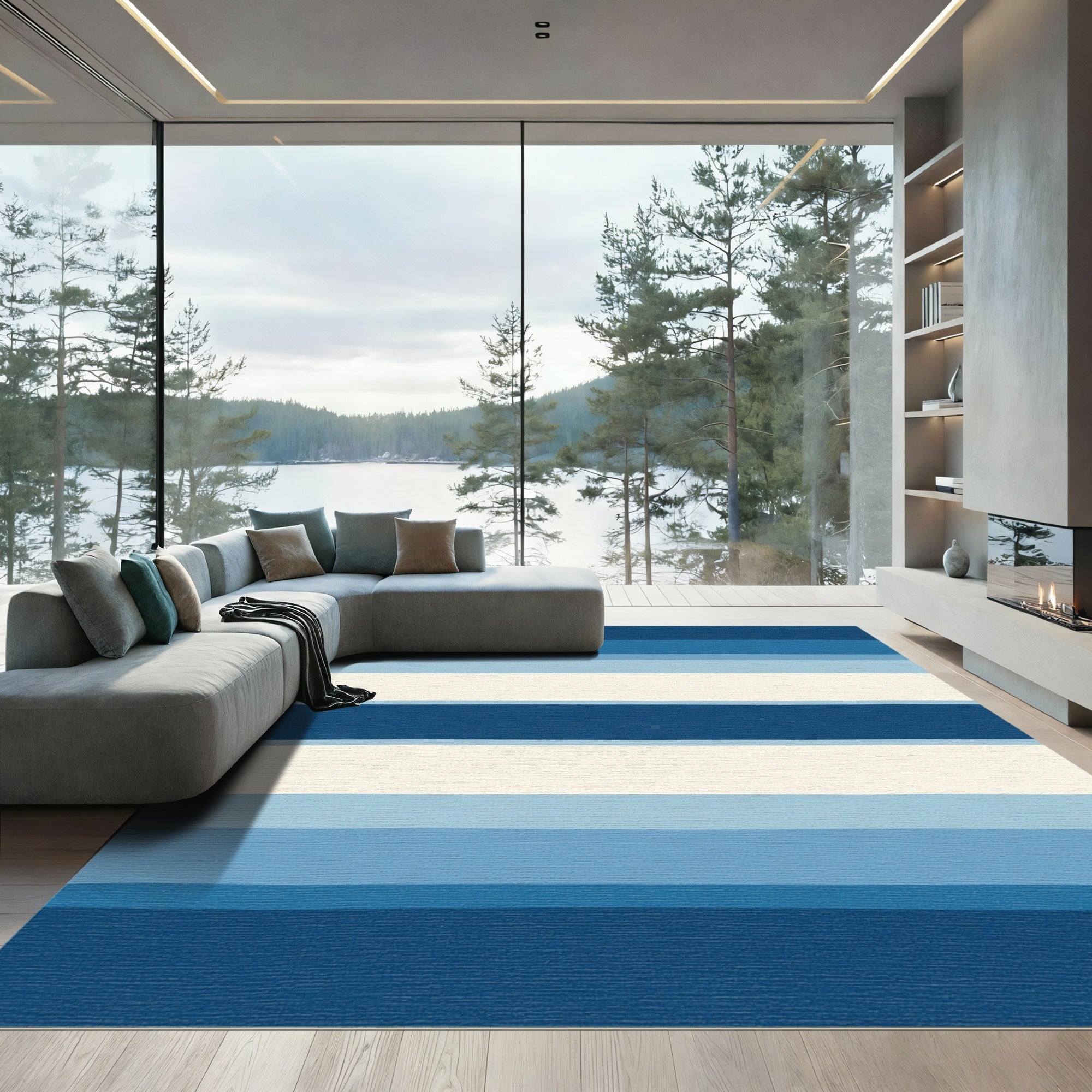 Serene Blue Gradient Horizontal Stripes Rug