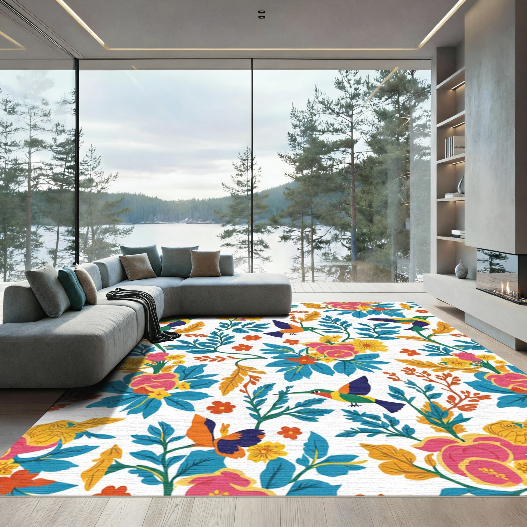 Vibrant Hummingbird Floral Meadow Rug