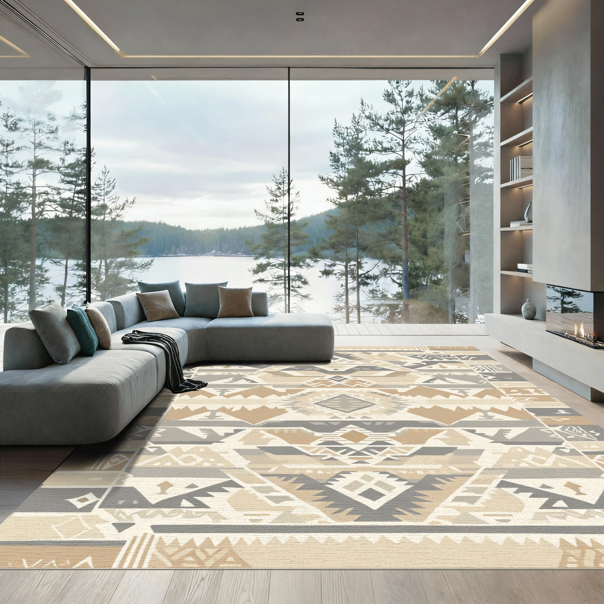 Earthy Neutral Tribal Geometric Rug
