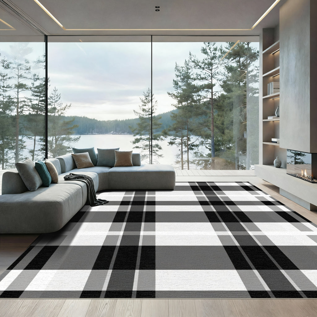 Classic Black White Plaid Stripe Rug