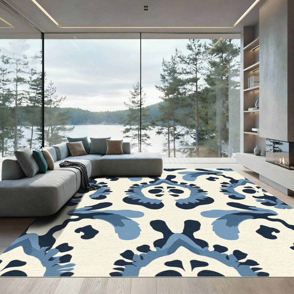 Navy Blue Floral Medallion Pattern Rug