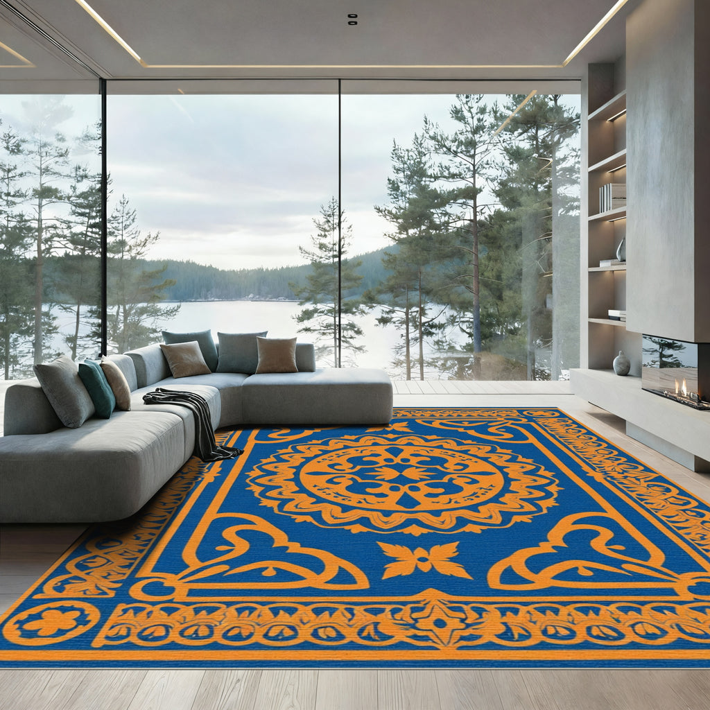Orange Medallion With Blue Background Rug