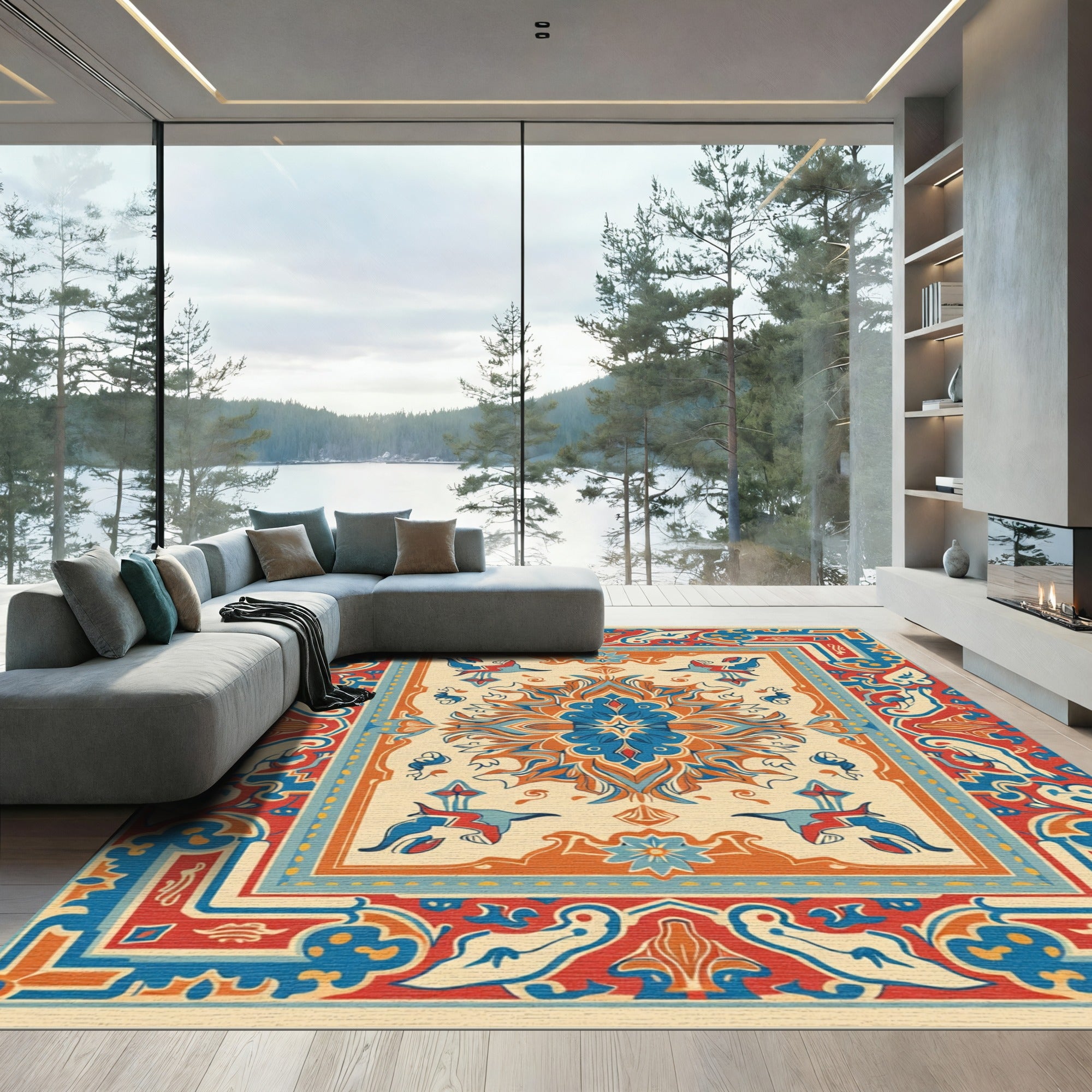 Vibrant Orange Blue Medallion Rug