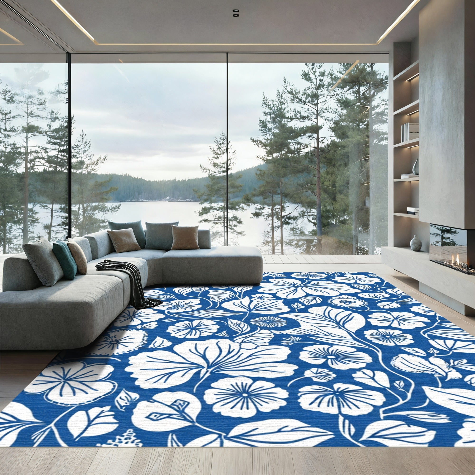 Lush Blue Floral Garden Medley Rug