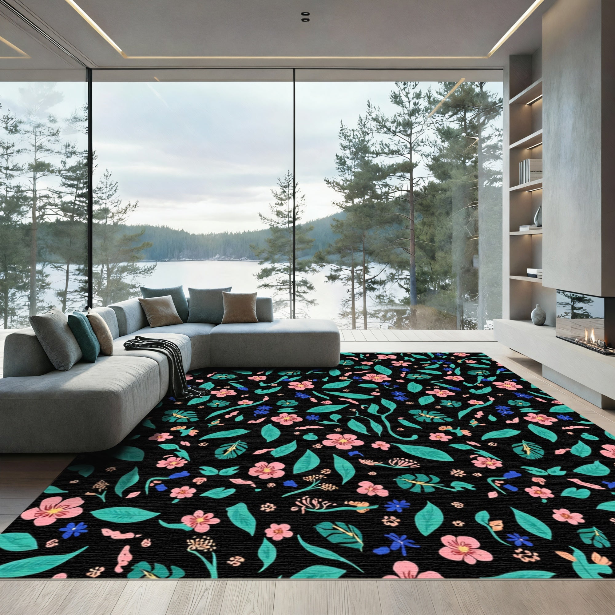 Coral Teal Pink Floral Tropical Black Rug