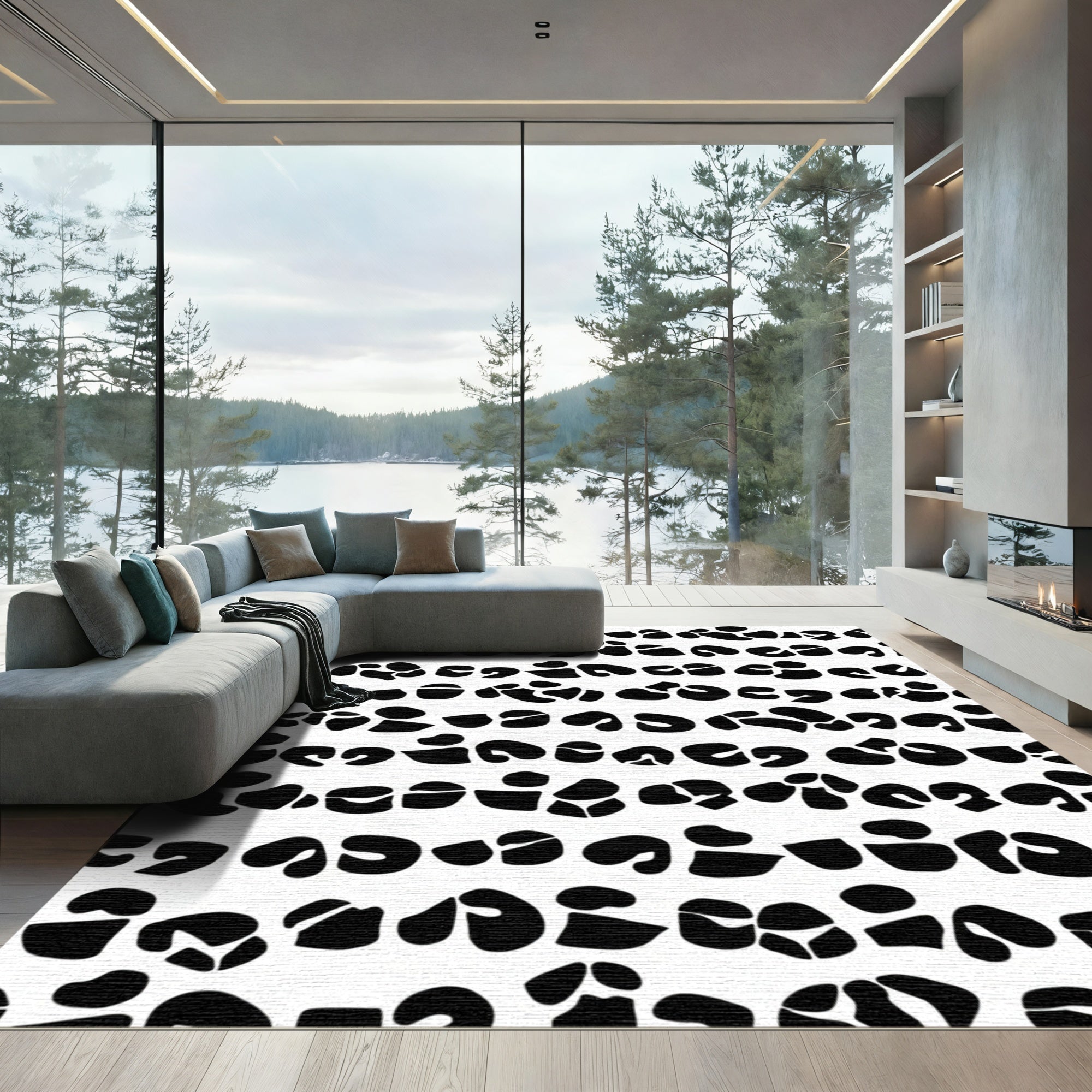 Black White Abstract Spots Rug