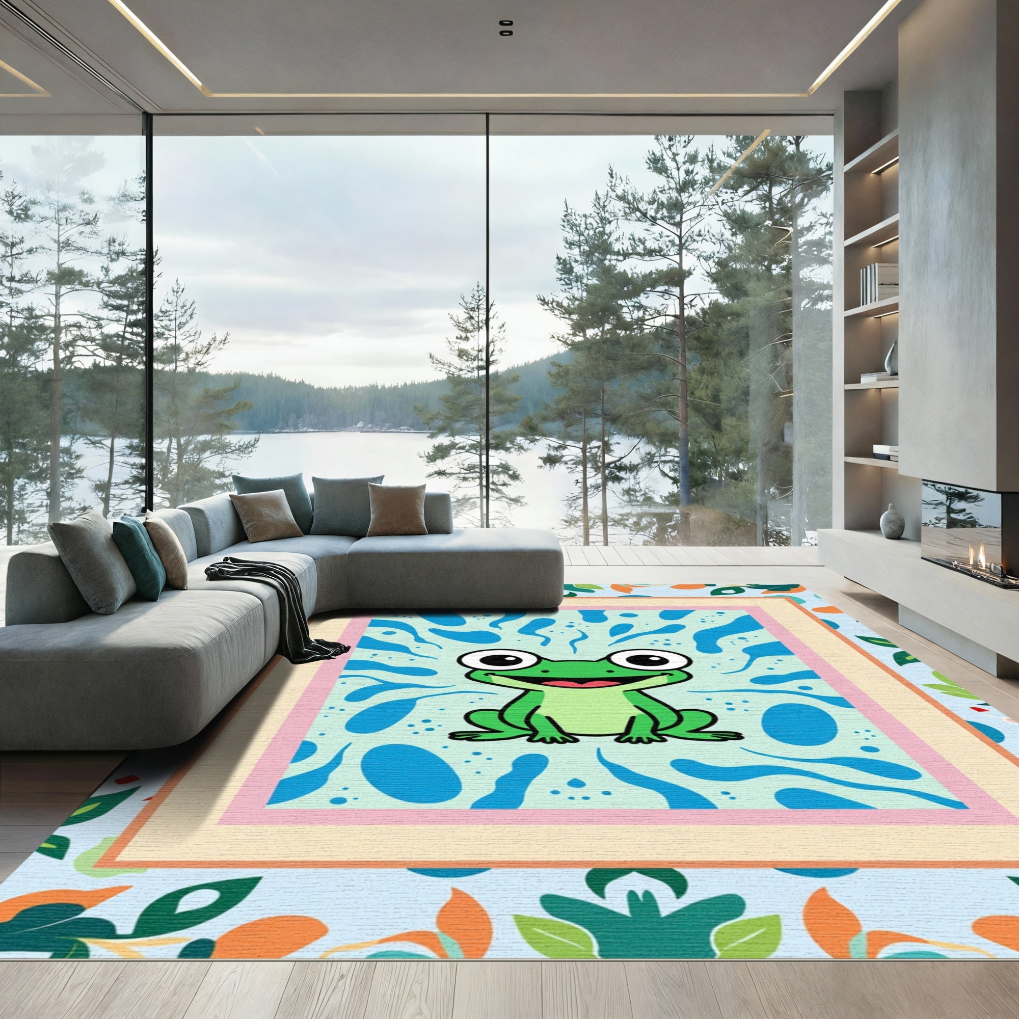 Smiling Green Frog Blue Swirls Rug