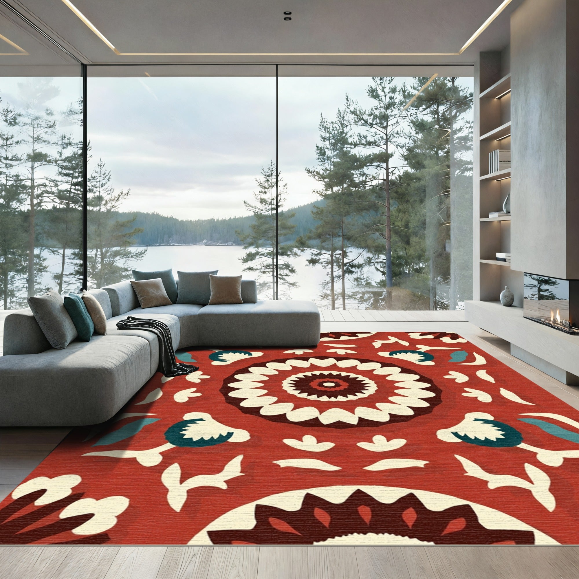 Rustic Crimson Floral Medallion Relief Rug