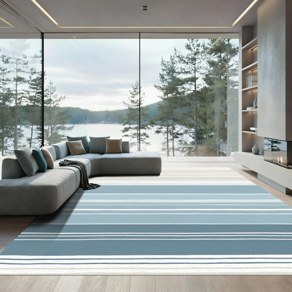Soft Striped Blue and Taupe Lines Rug