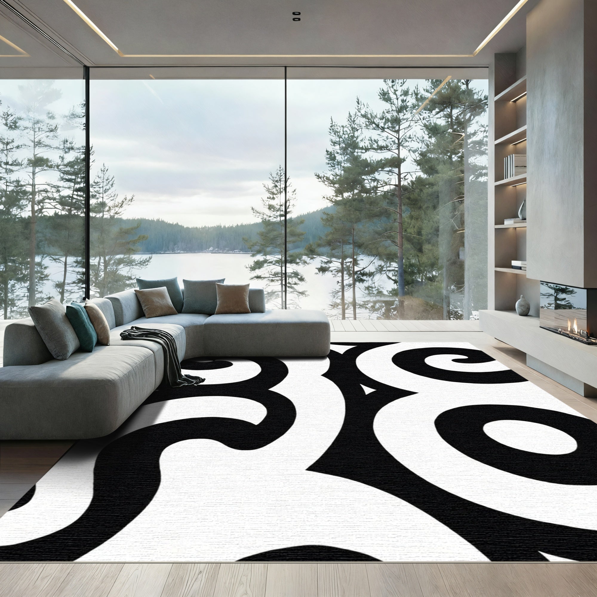Bold Black White Swirl Organic Rug