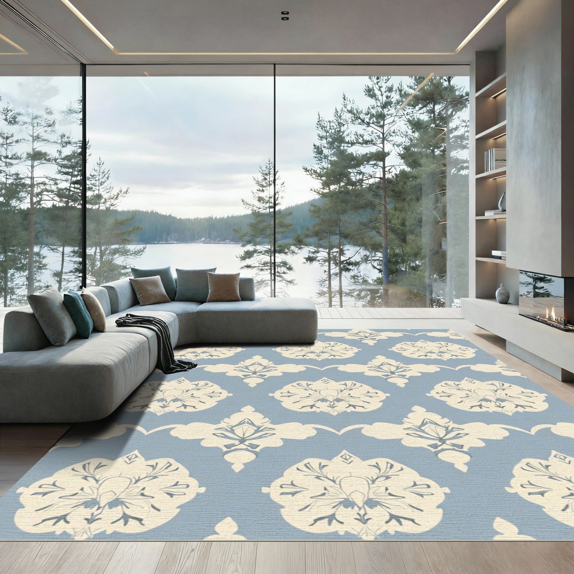 Pale Blue Cream Baroque Floral Rug