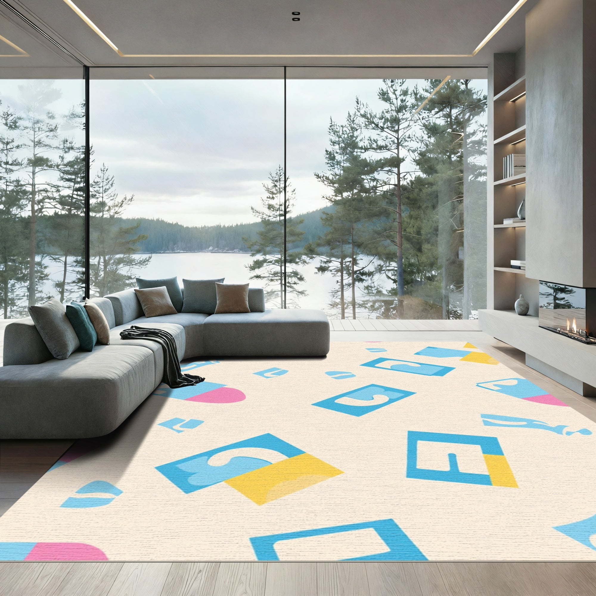 Abstract Blue Yellow Pink Geometric Shapes Rug