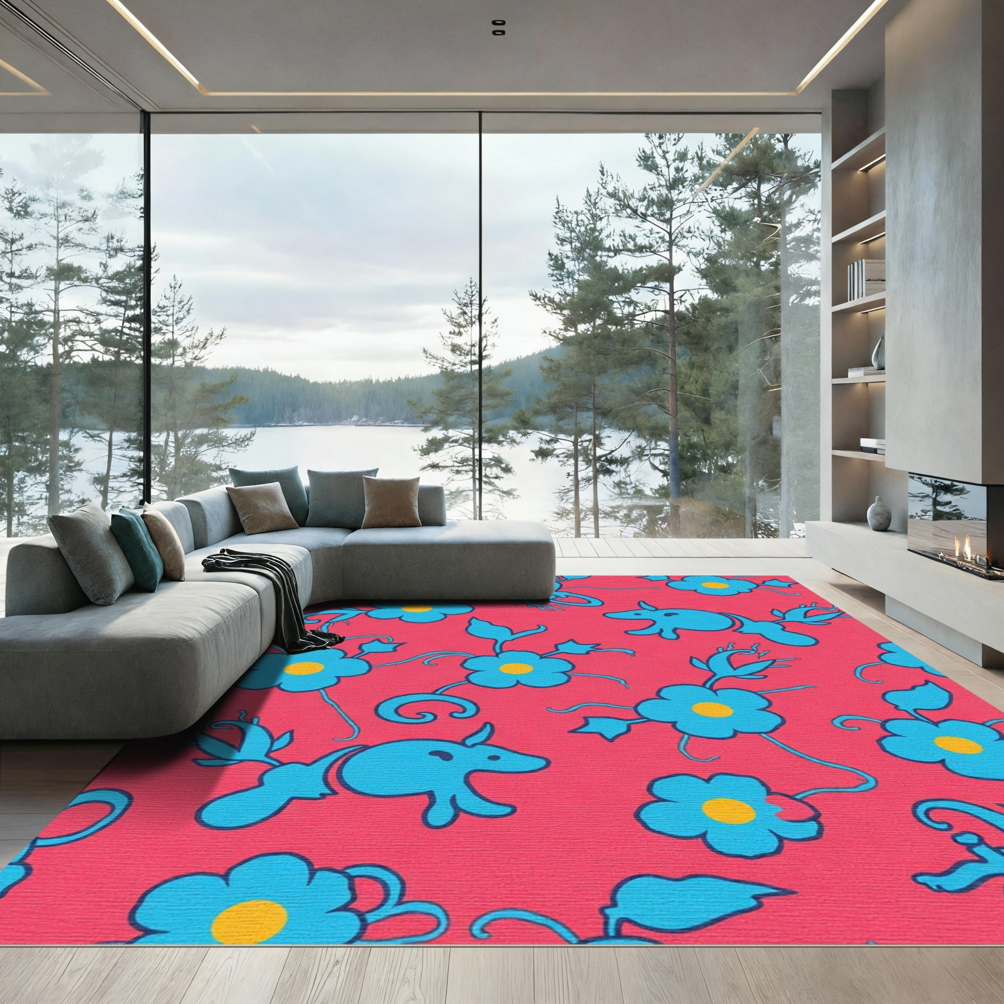 Turquoise Creatures Floral Red Background Rug