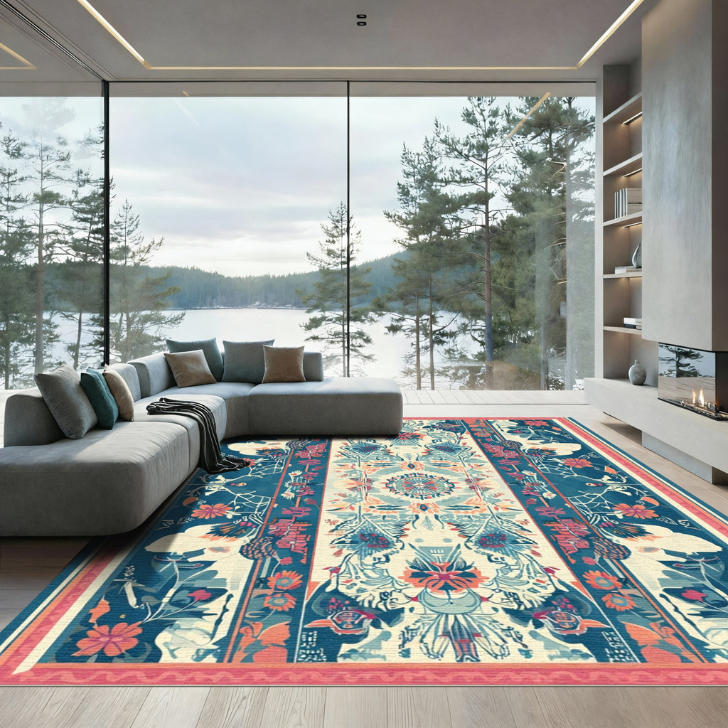 Ornate Teal Orange Floral Medallion Rug