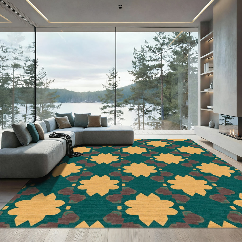 Teal Ochre Starburst Quatrefoil Composition Rug