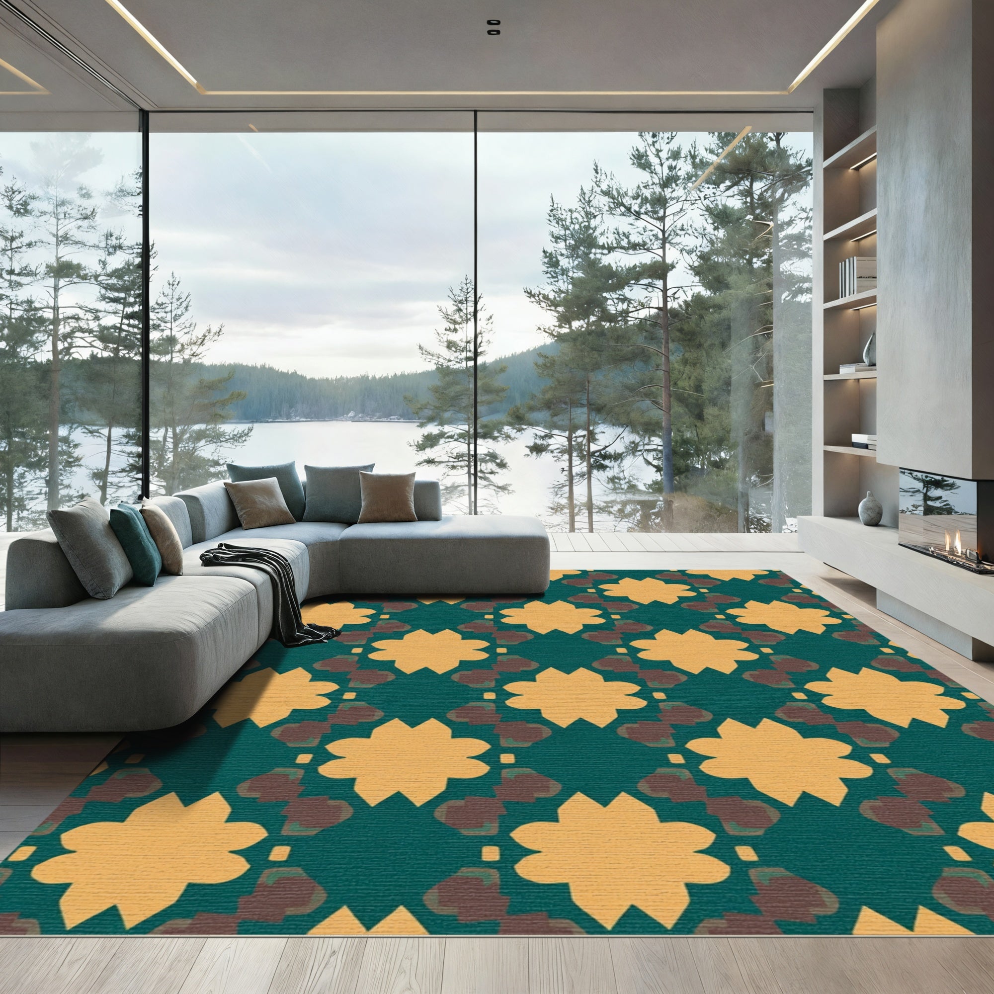 Teal Ochre Starburst Quatrefoil Composition Rug
