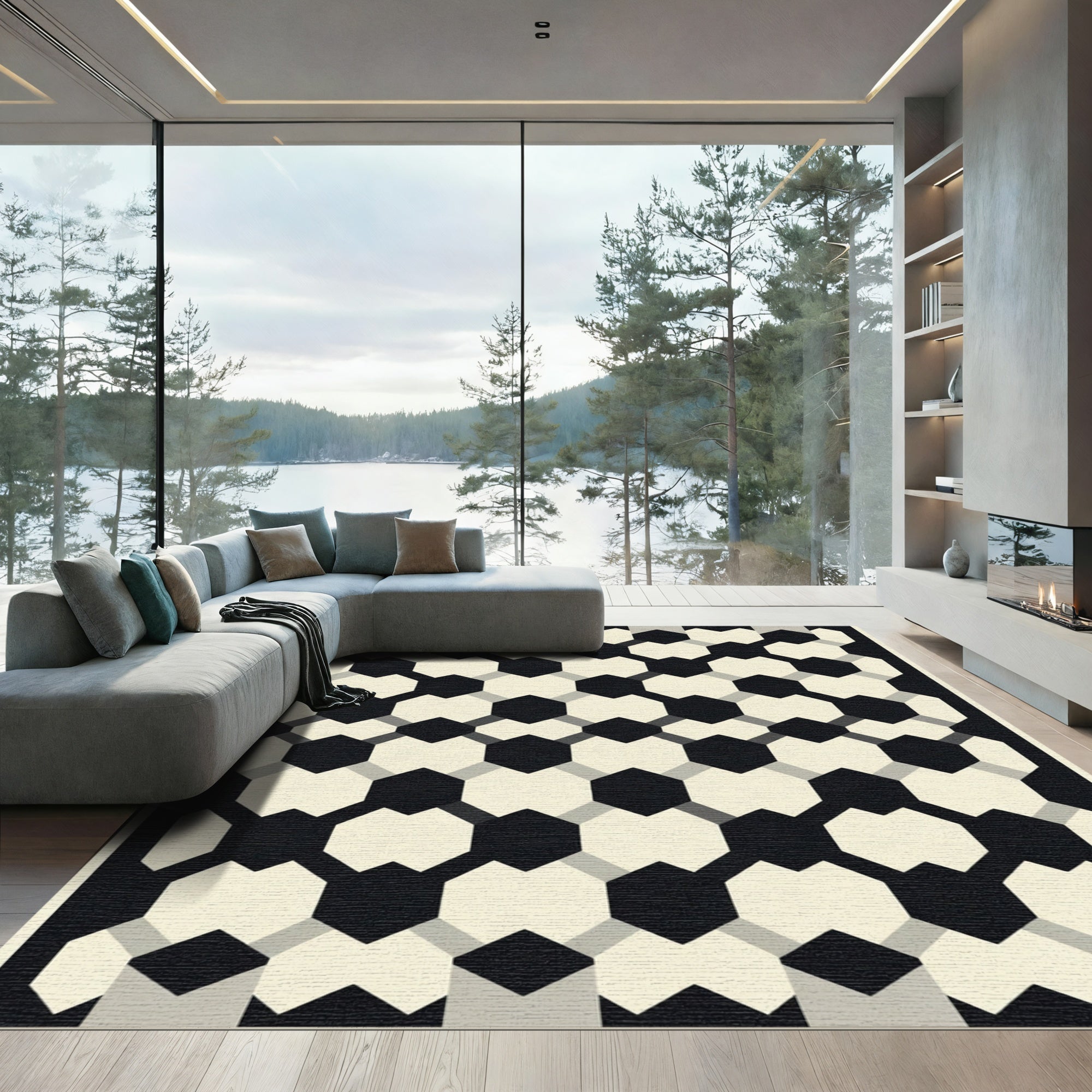 Black Cream Geometric Interlock Rug