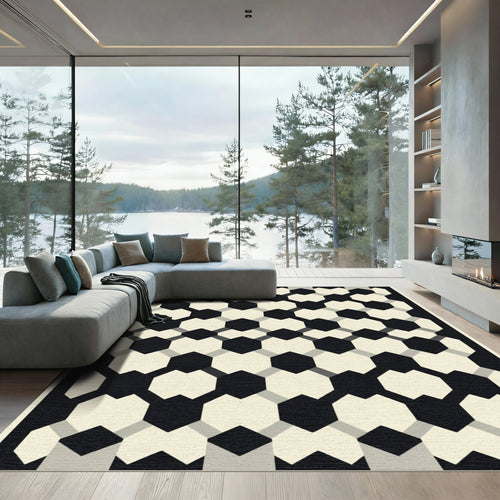 Black Cream Geometric Interlock Rug