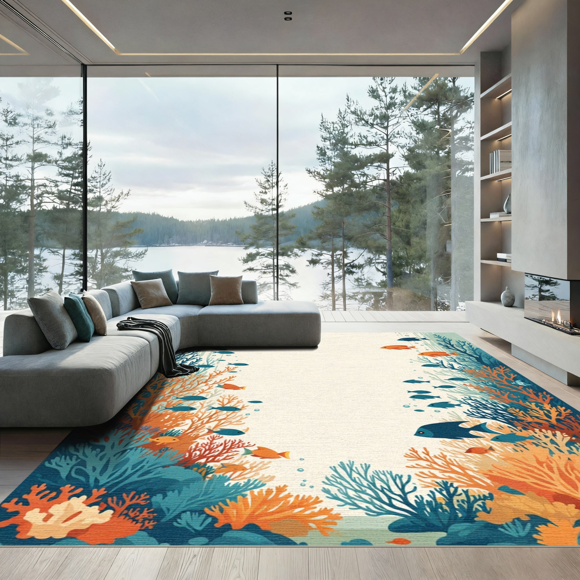 Aquatic Coral Reef Fish Scene Rug