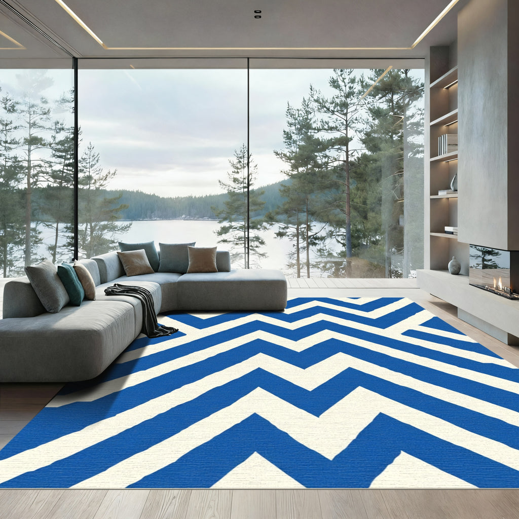 Bold Blue White Zigzag Stripe Rug