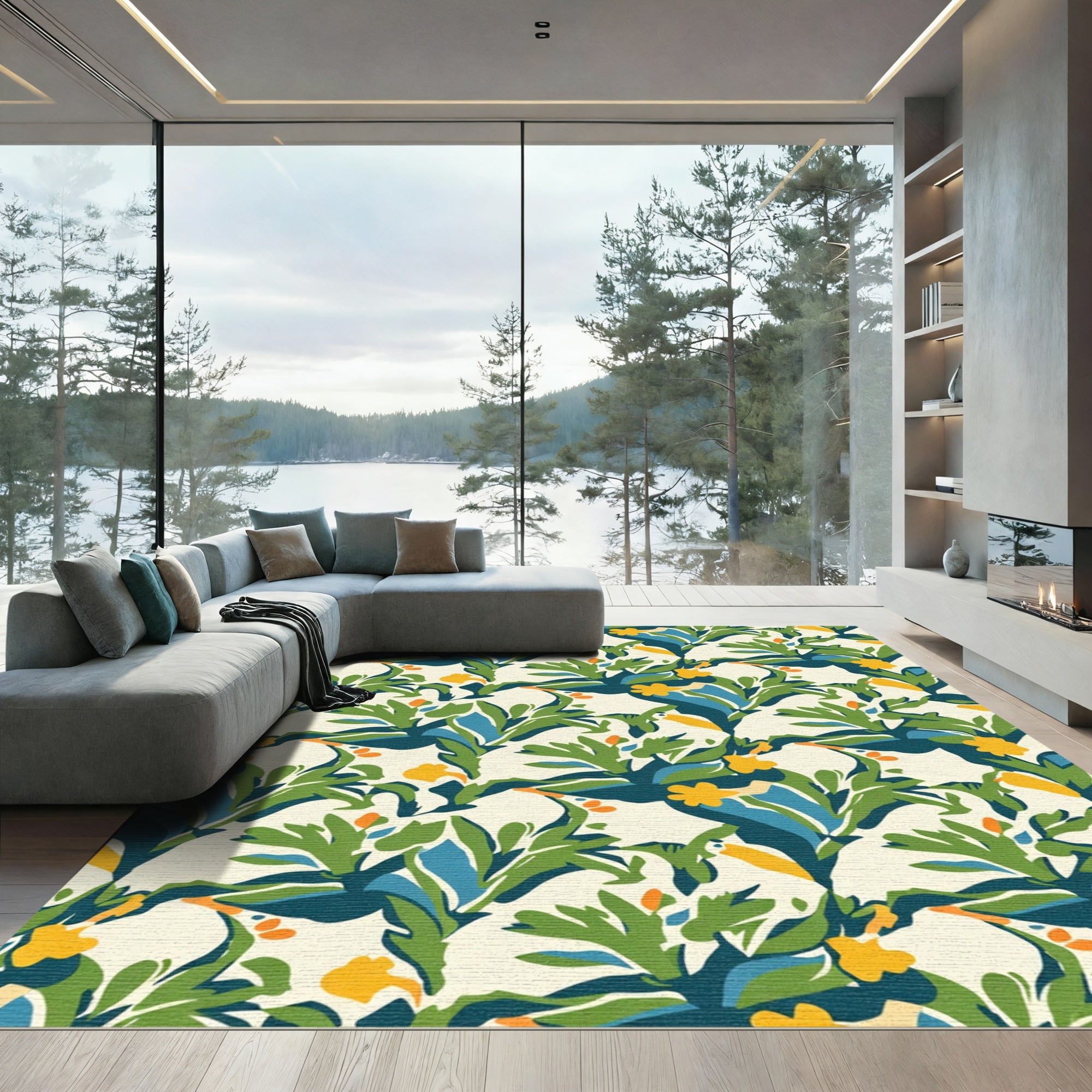 Bold Green Orange Floral Organic Rug