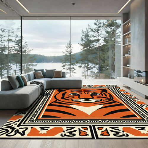 Bold Orange Tiger Face Border Rug