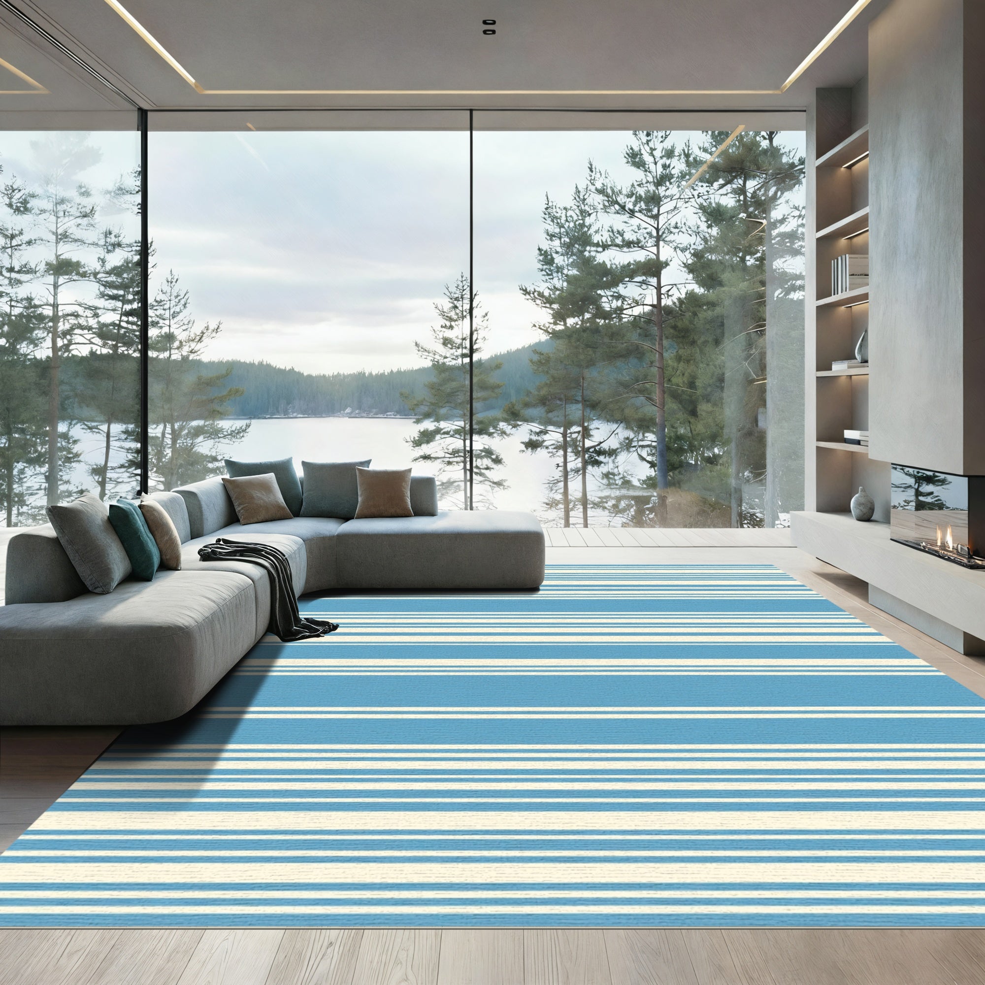 Classic Blue Ivory Lined Stripes Rug