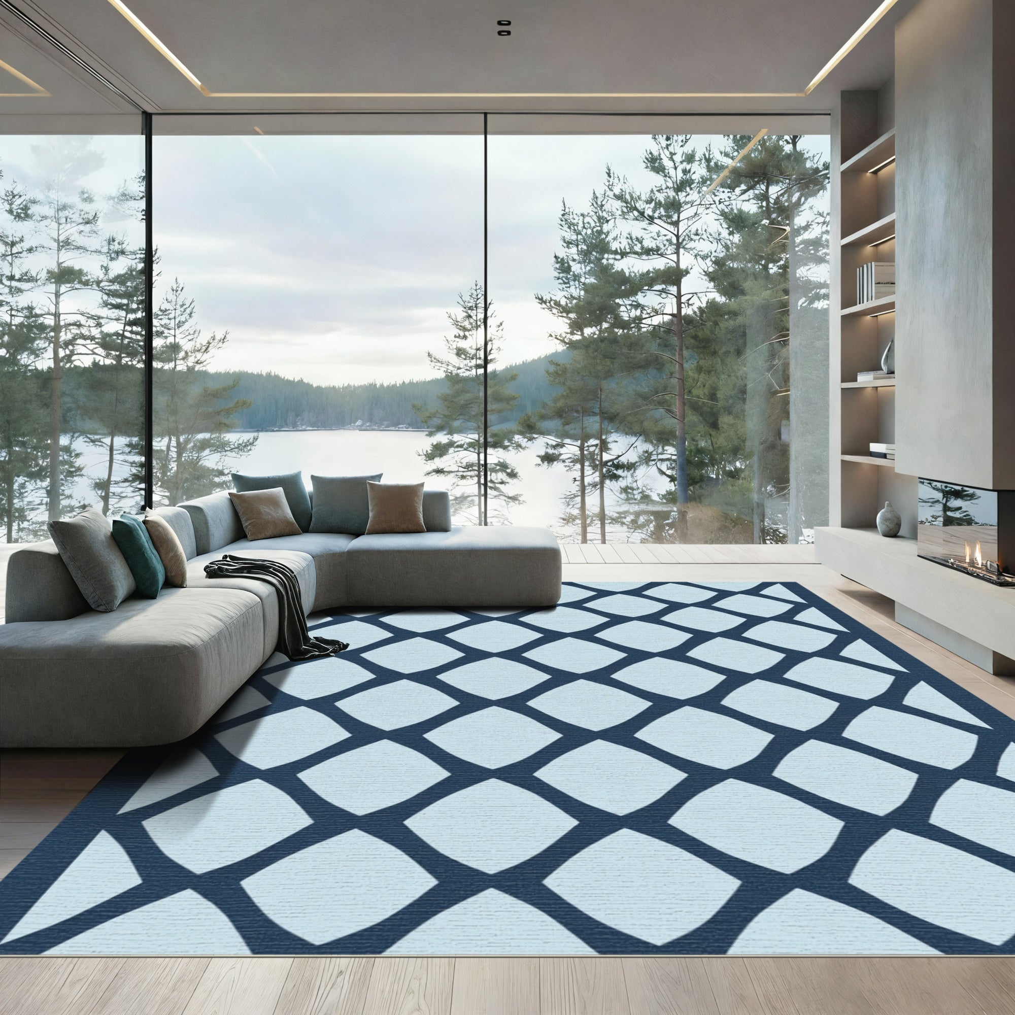 Navy Blue Diamond Lattice Rug