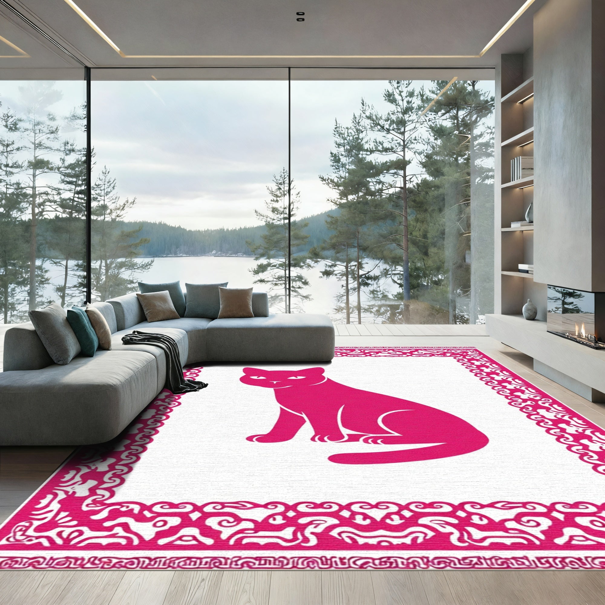 Pink Sitting Cat Ornate Border Rug
