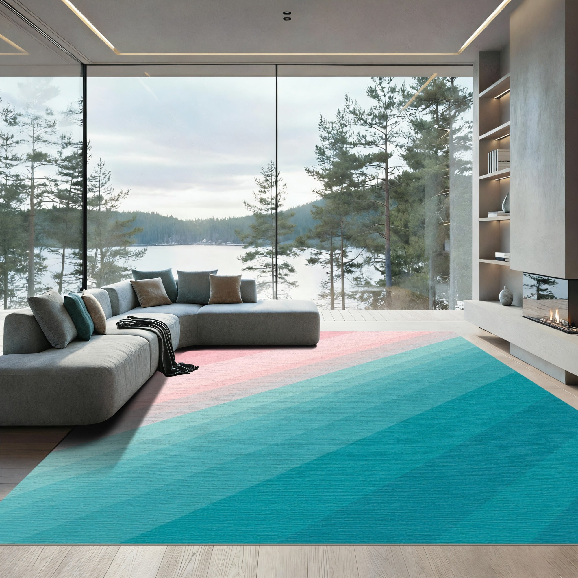 Pink Teal Gradient Diagonal Stripes Rug