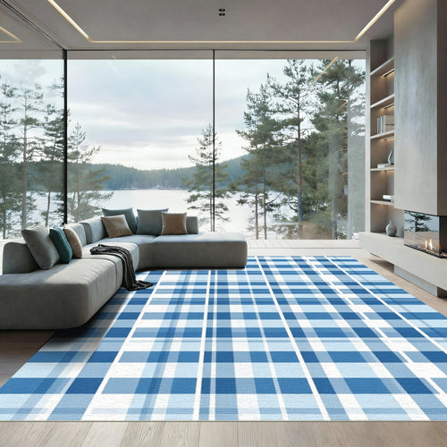 Blue White Tartan Plaid Squares Rug