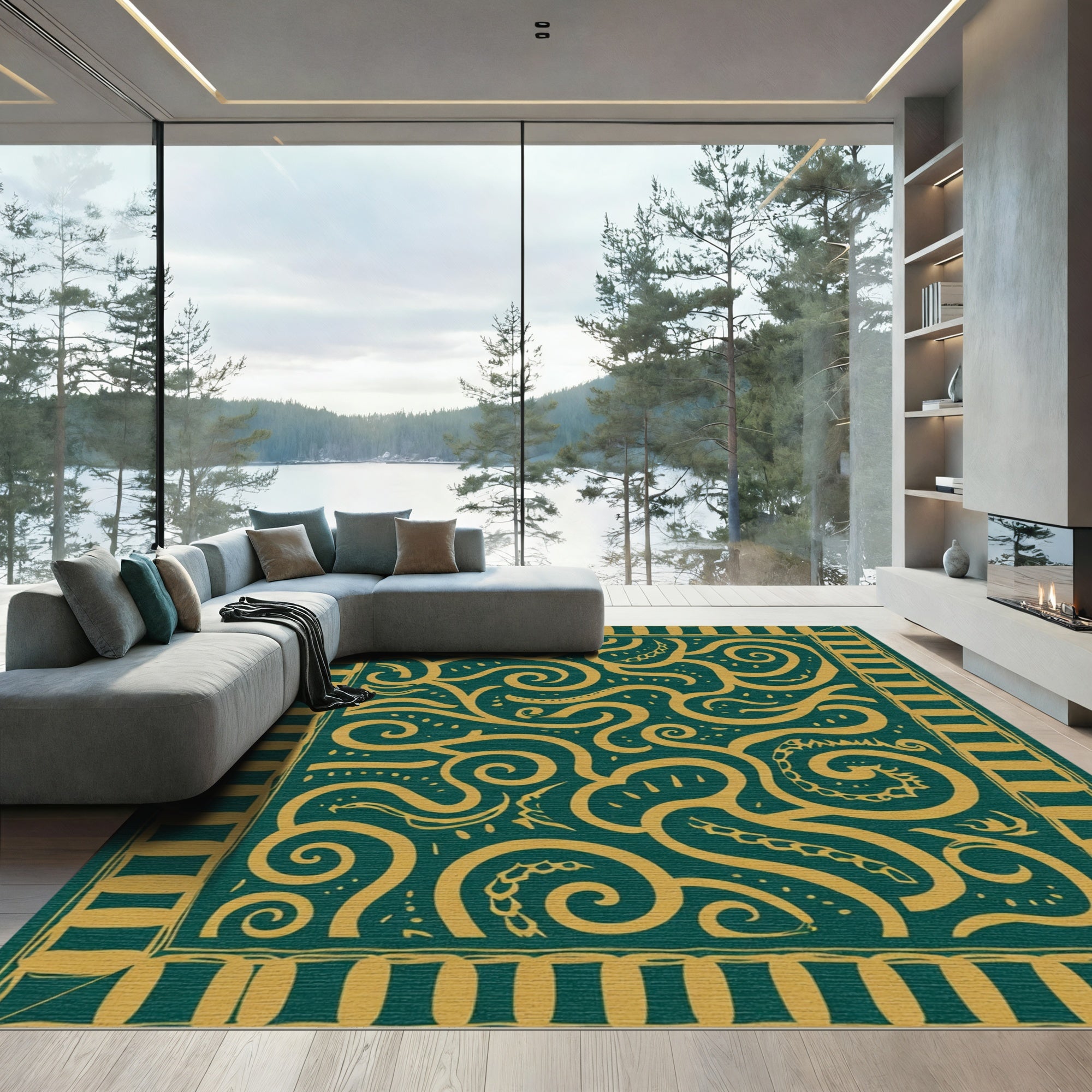 Emerald Gold Abstract Swirls Rug