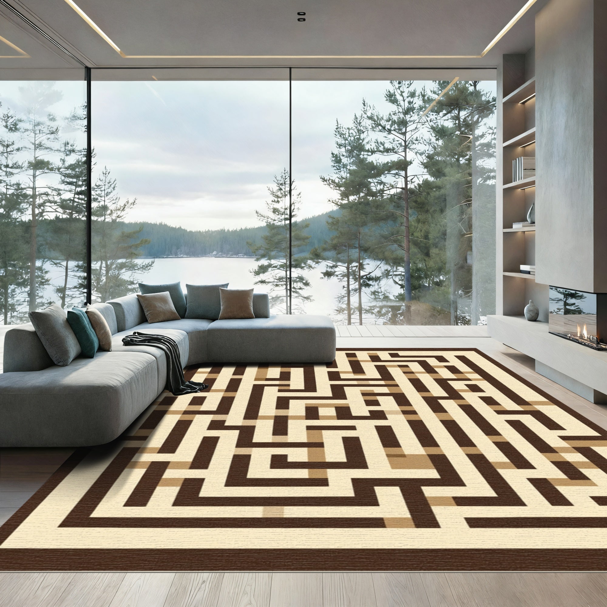 Brown Beige Geometric Maze Rug