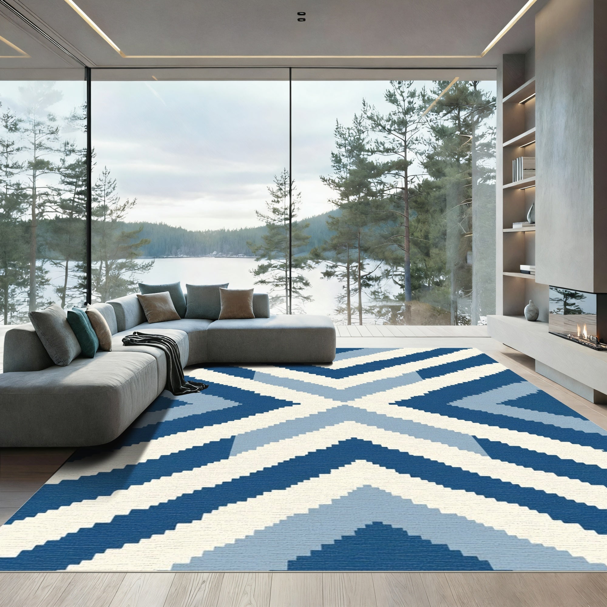 Deep Blue Chevron Gradient Stripes Rug