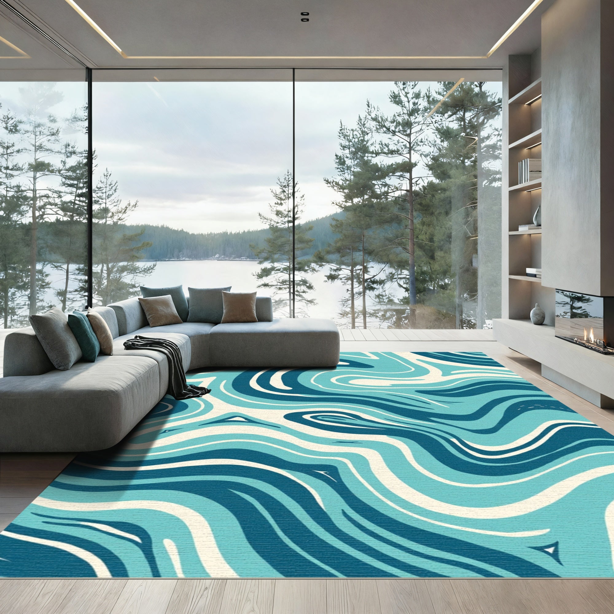 Aqua Blue Swirl Abstract Rug