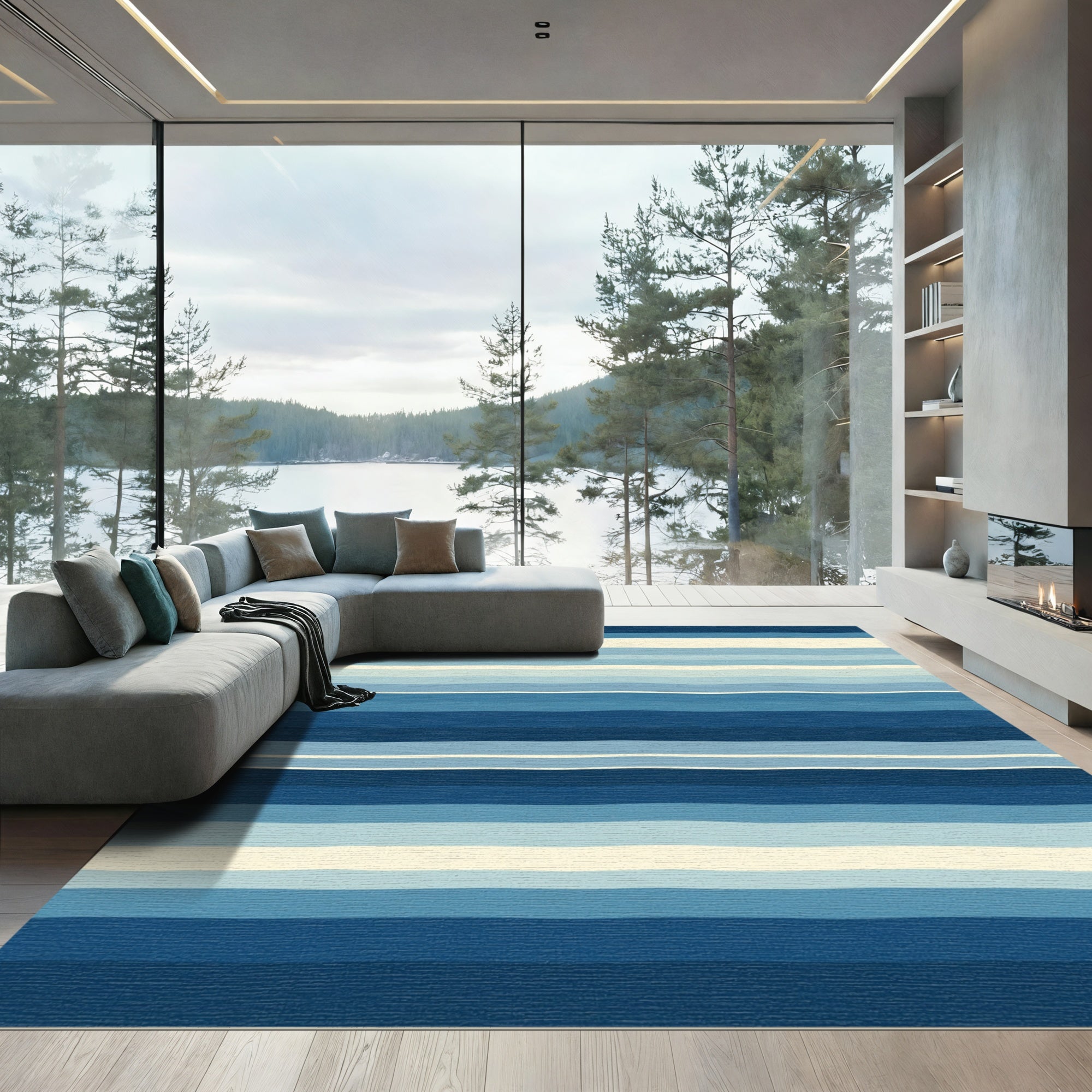 Wavy Blue Striped Abstract Rug
