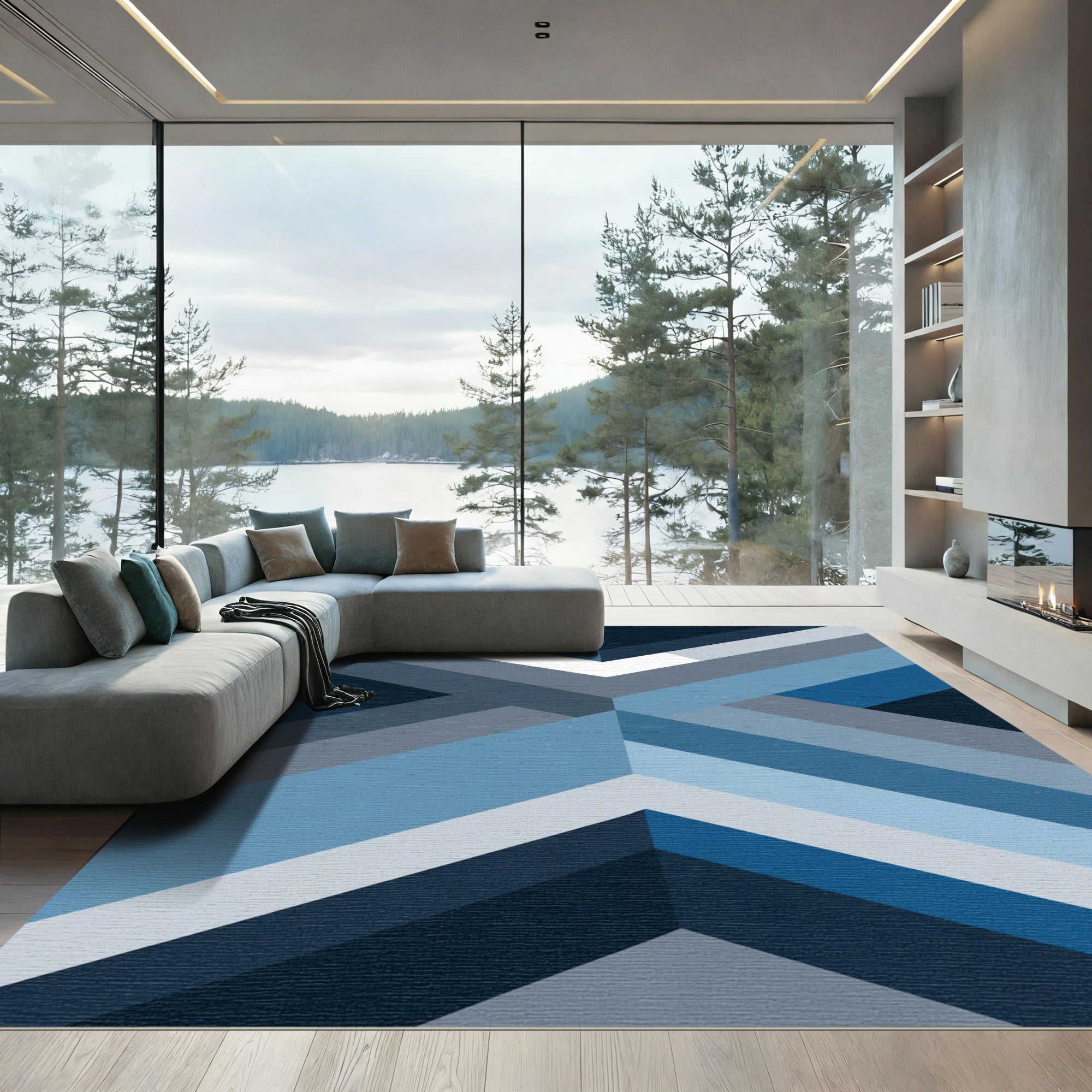 Oceanic Blue Chevron Geometric Layers Rug