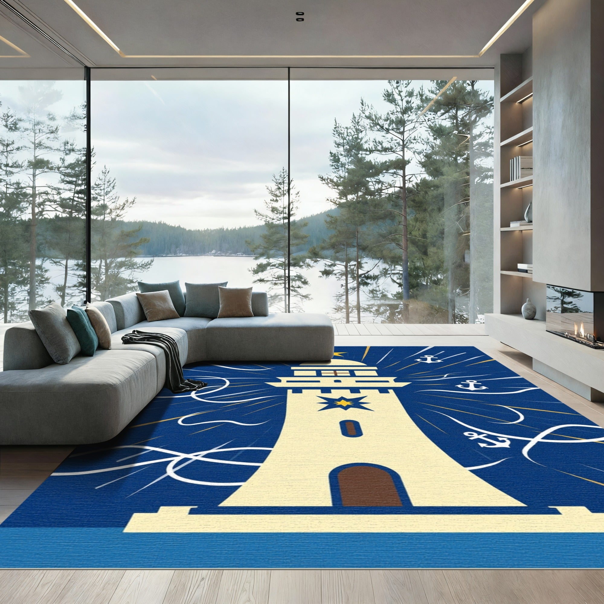 Nautical Cream Lighthouse Starry Anchor Rays Rug