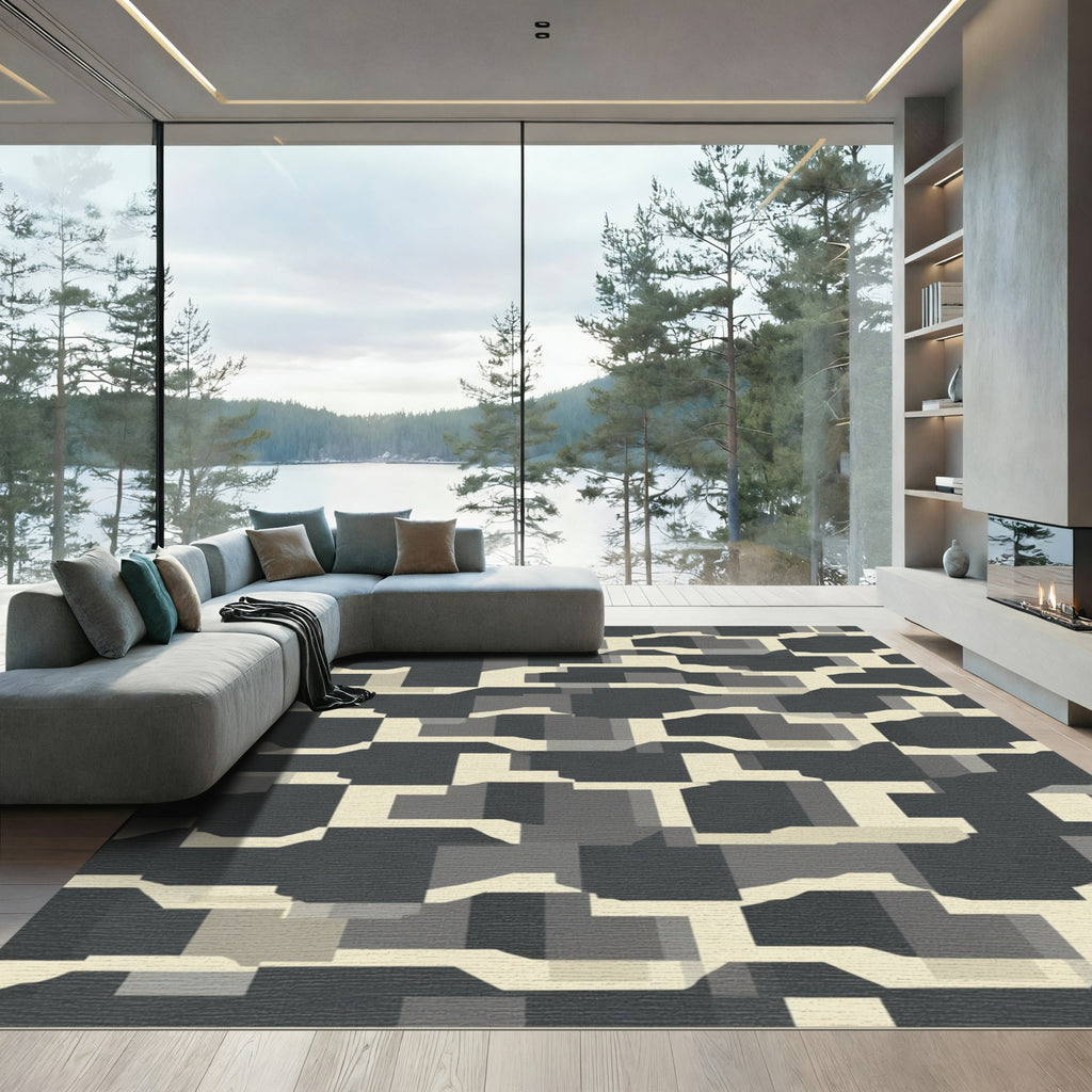 Monochromatic Stone Geometric Blocks Rug