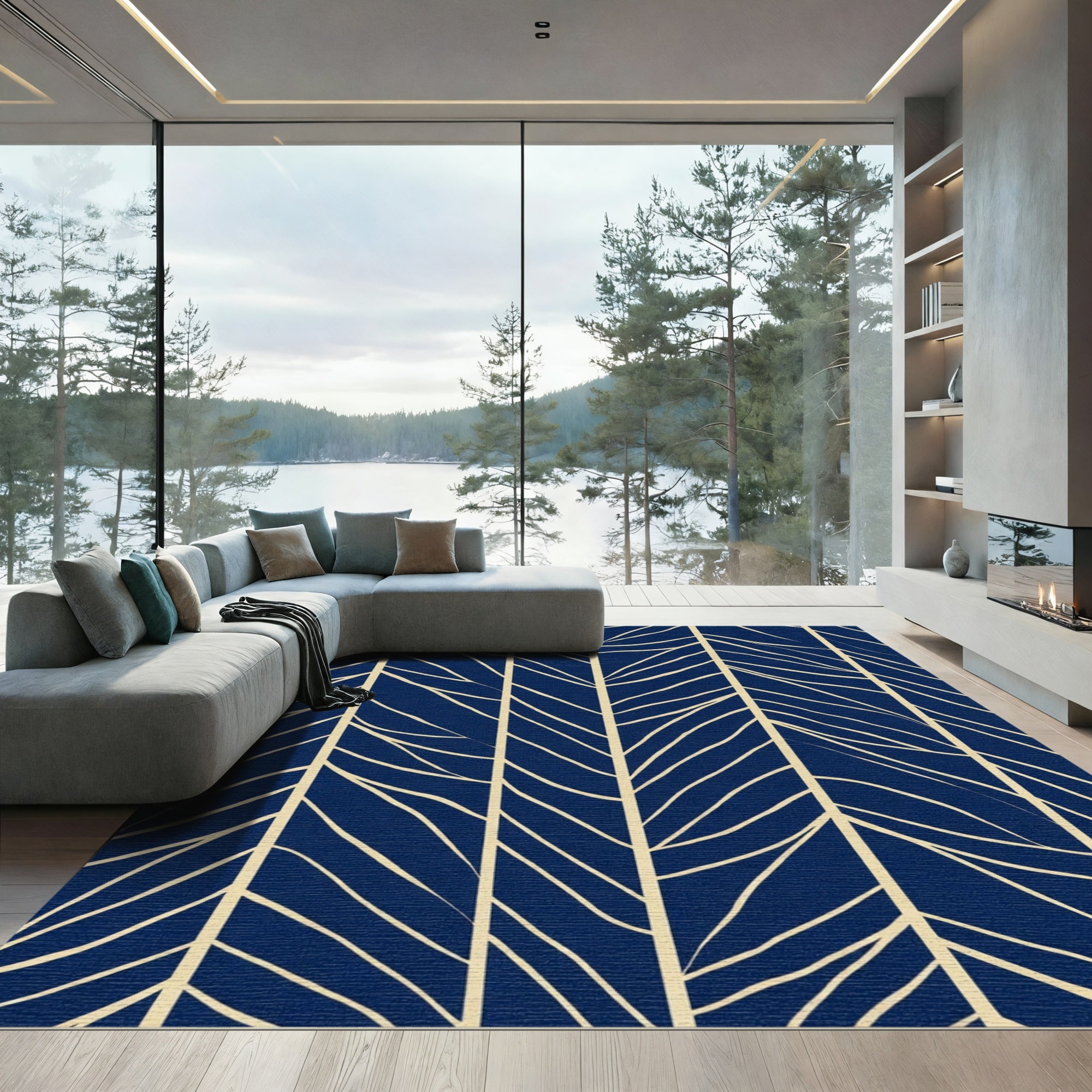 Navy Beige Organic Leaf Stripe Rug