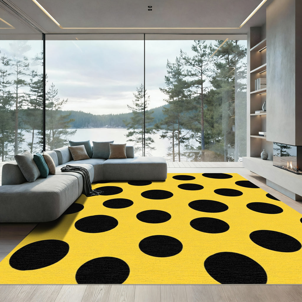 Vibrant Yellow Black Polka Dot Rug