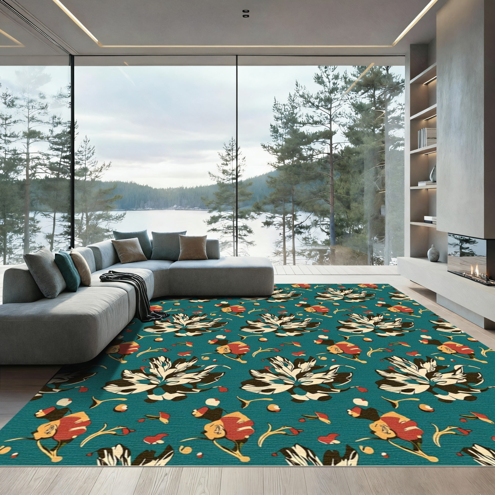 Teal Floral Explosion Repeating Elements Rug