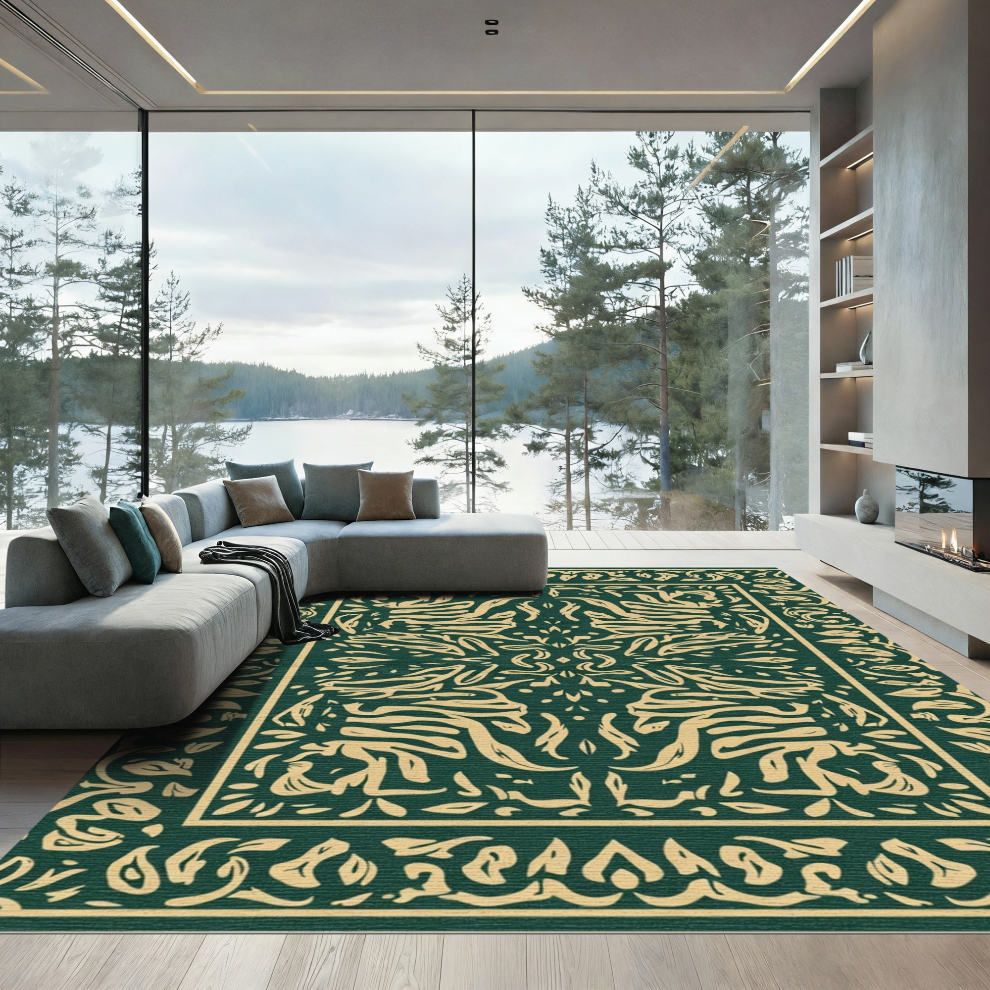 Emerald Green Floral Medallion Arrangement Rug