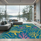 Teal Yellow Sea Turtle Coral Waves Rug